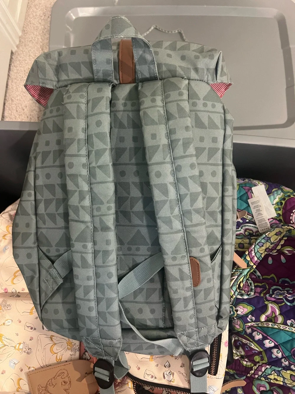 Herschel Supply Company Geometric Sage Green Rolltop Backpack with Brown Strap